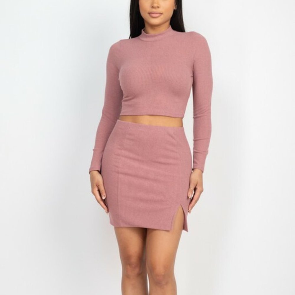 Solid Ribbed Crop Top and Skirt Set